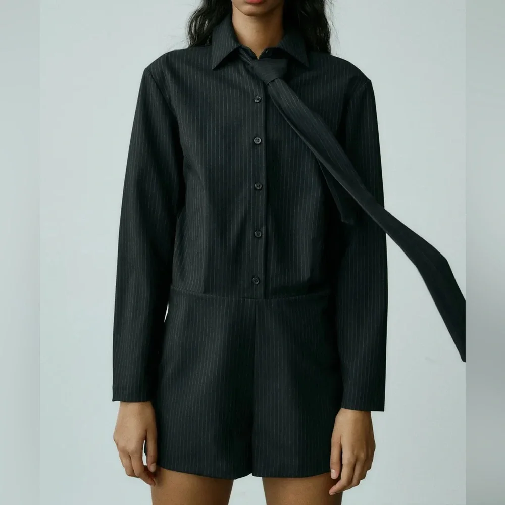 Zara Black Pinstriped Short Jumpsuit Romper Business Casual - Picture 2 of 7